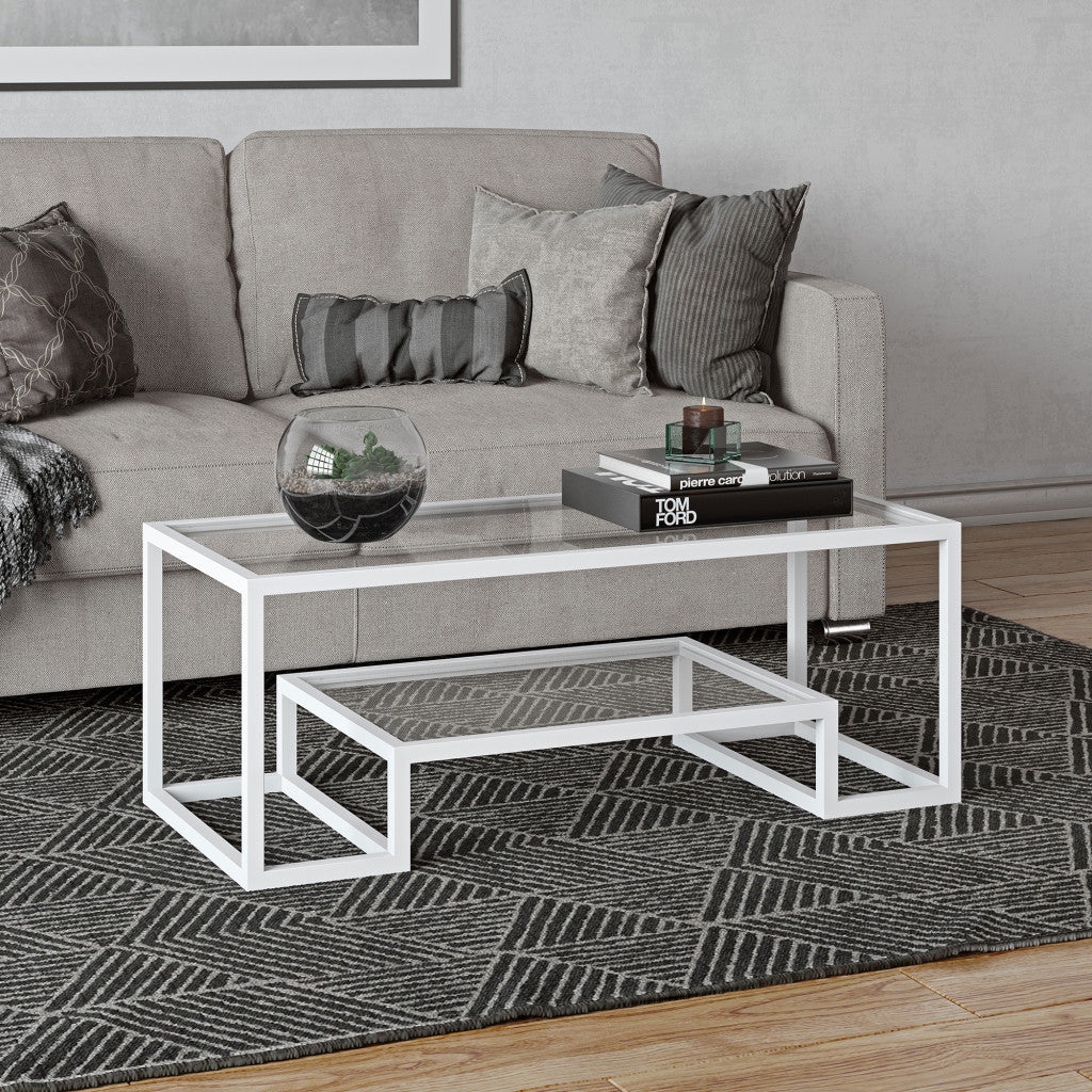 45" White Glass And Steel Coffee Table With Shelf