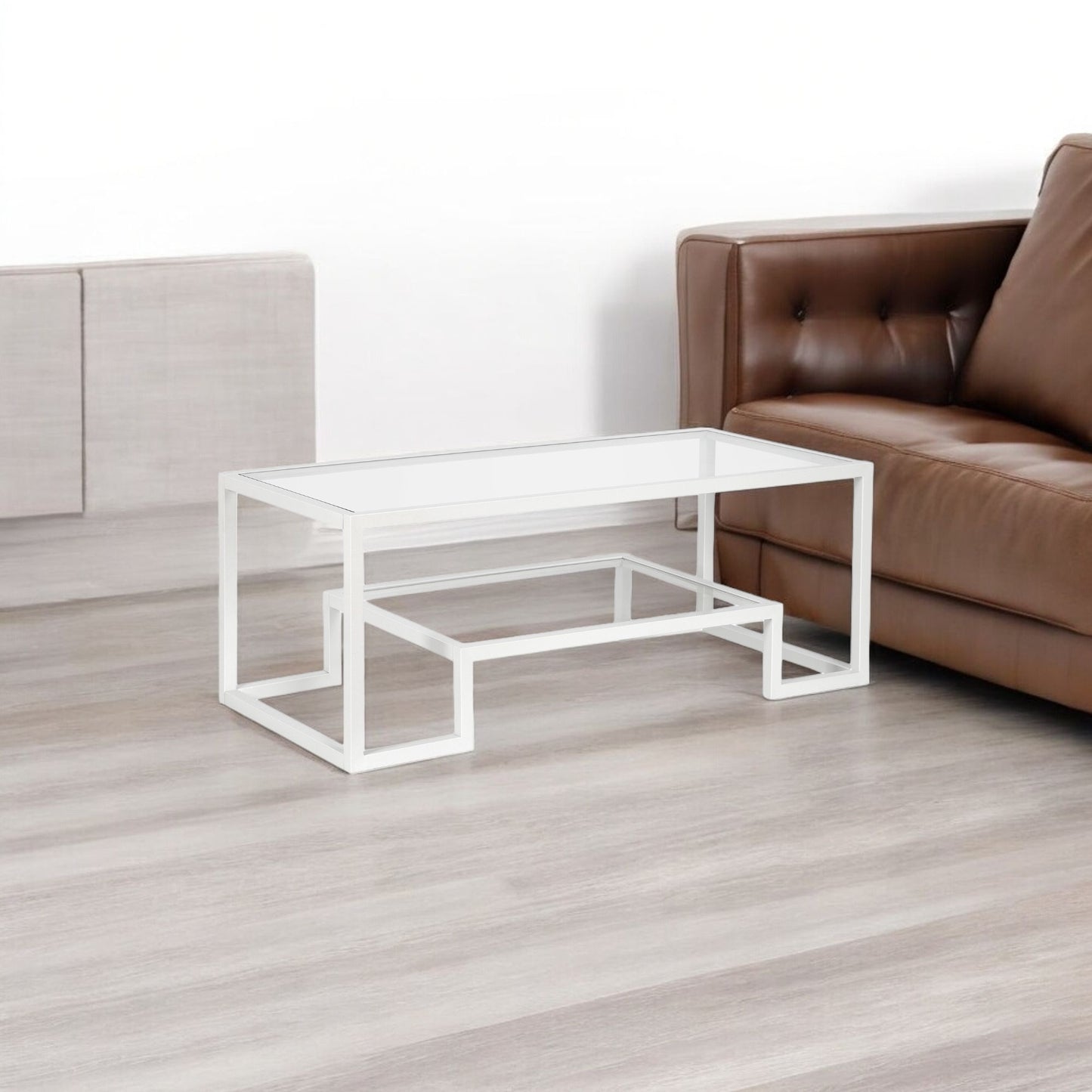 45" White Glass And Steel Coffee Table With Shelf