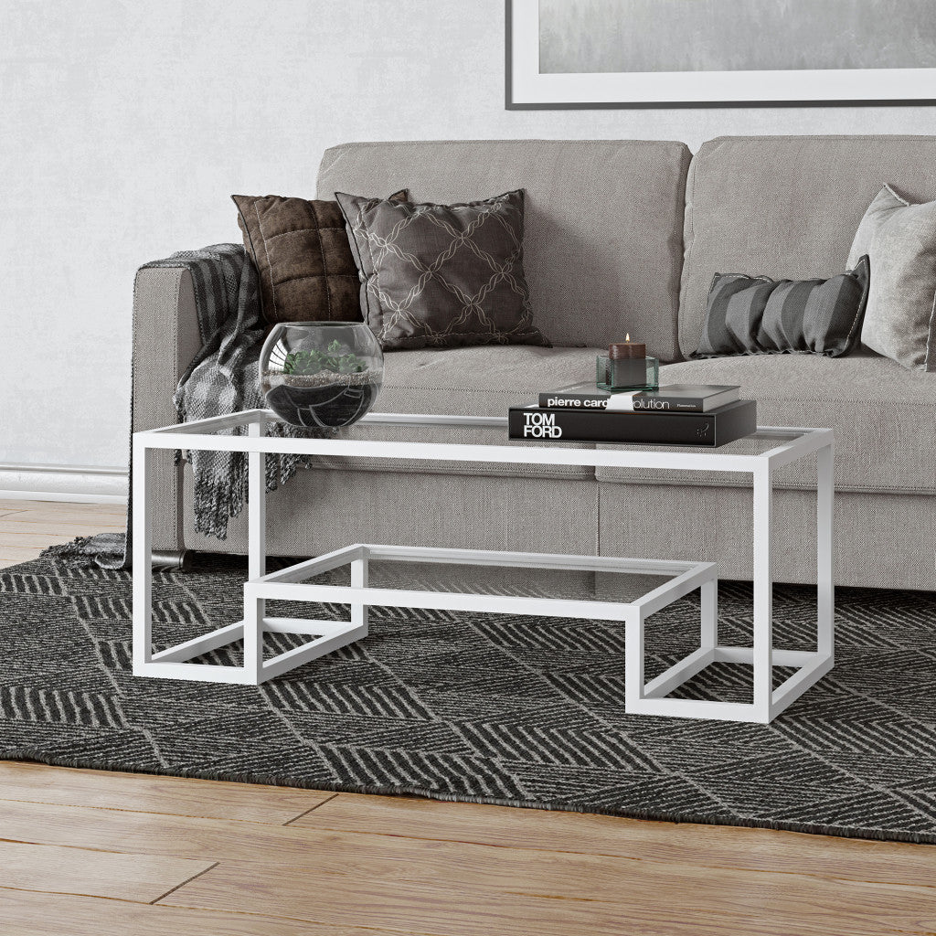 45" White Glass And Steel Coffee Table With Shelf