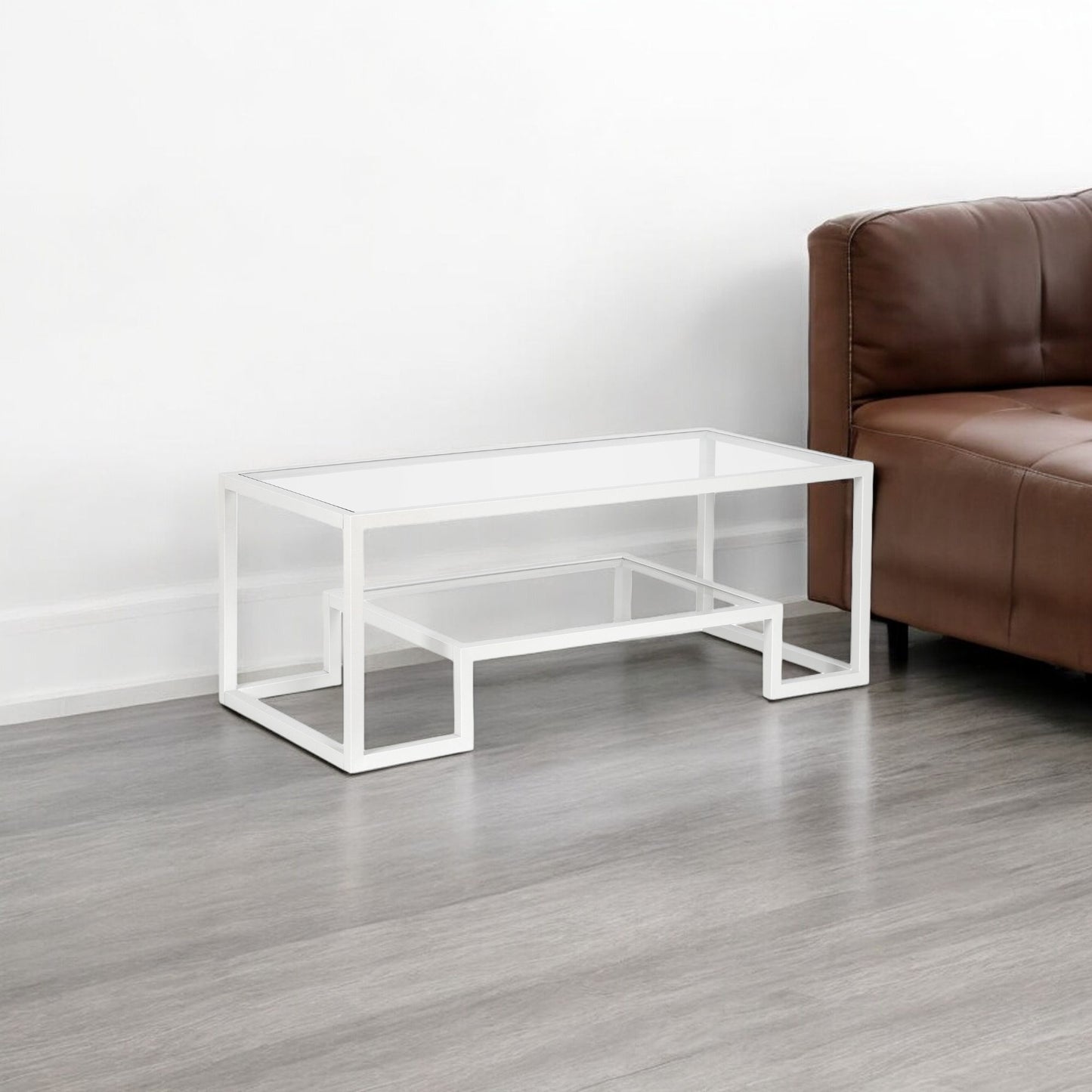 45" White Glass And Steel Coffee Table With Shelf