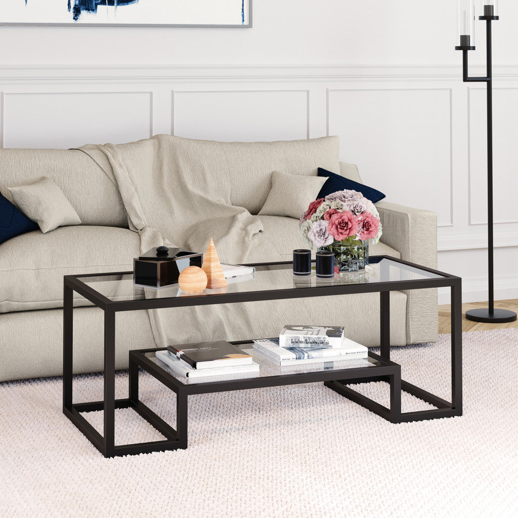 45" Clear And Black Glass And Steel Coffee Table With Shelf