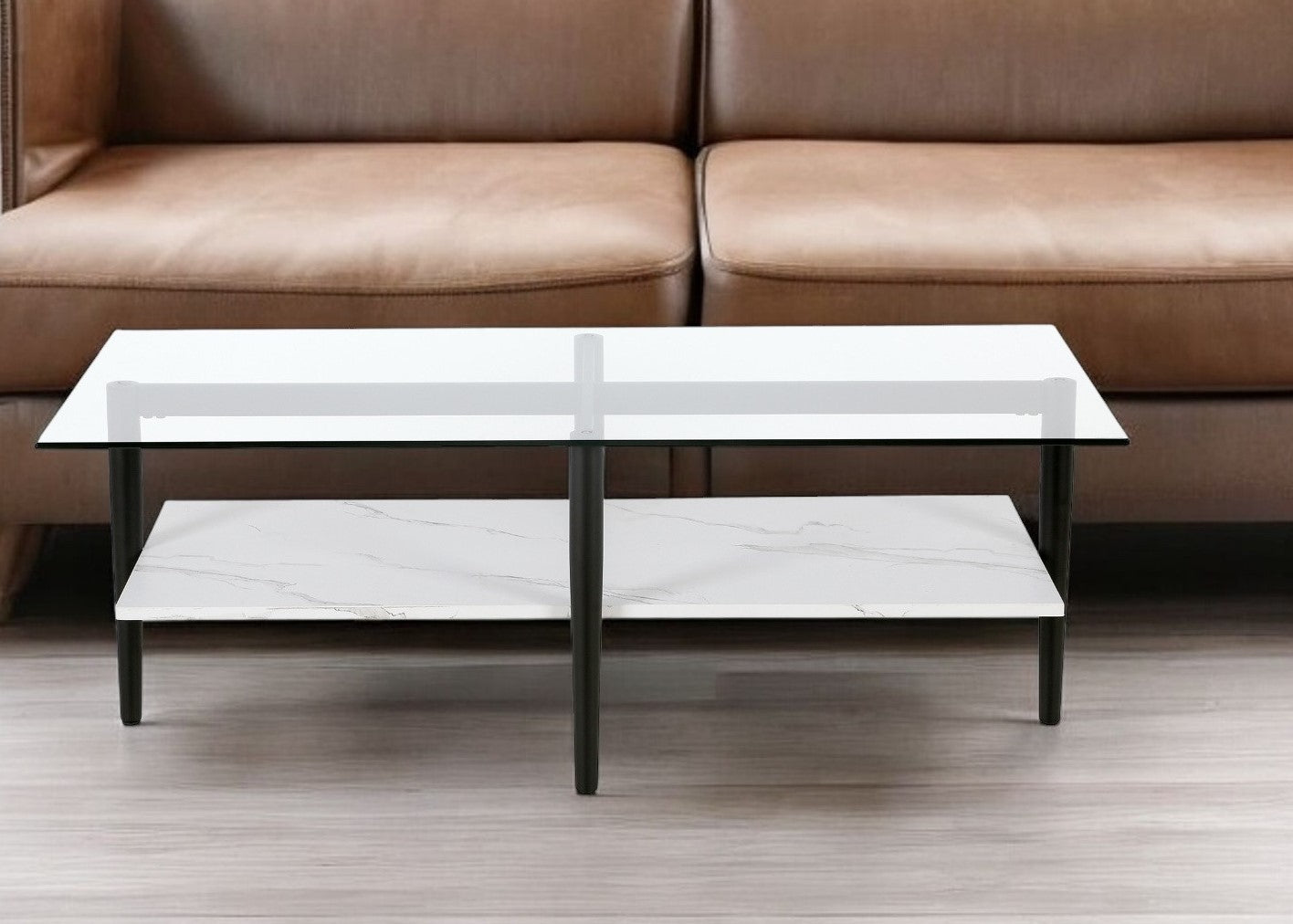 47" Black Glass And Steel Coffee Table With Shelf