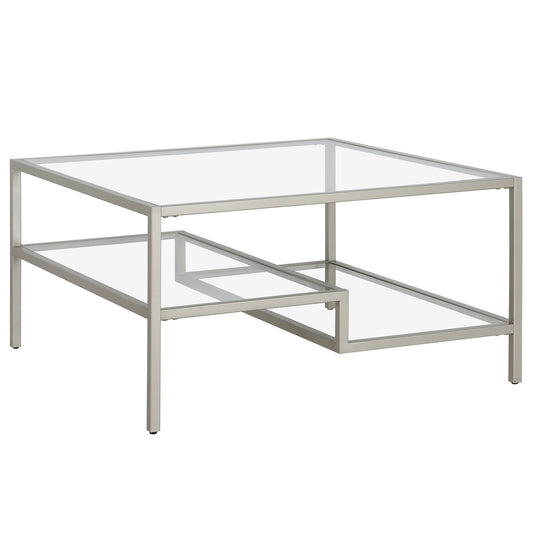 32" Silver Glass And Steel Square Coffee Table With Two Shelves