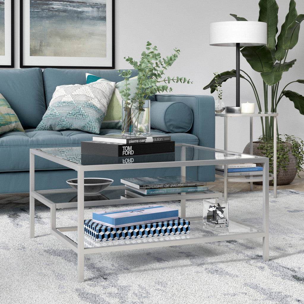 32" Silver Glass And Steel Square Coffee Table With Two Shelves