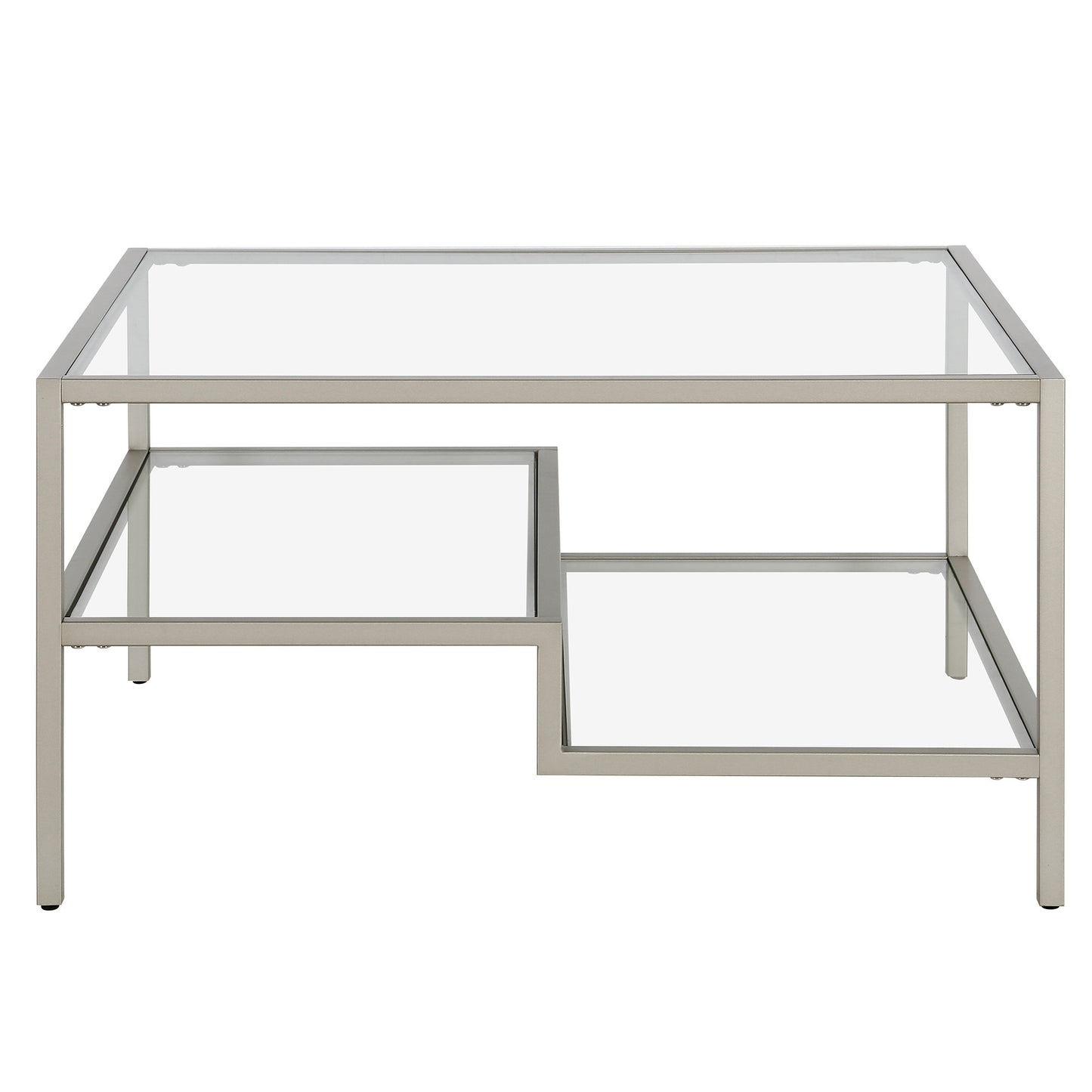 32" Silver Glass And Steel Square Coffee Table With Two Shelves