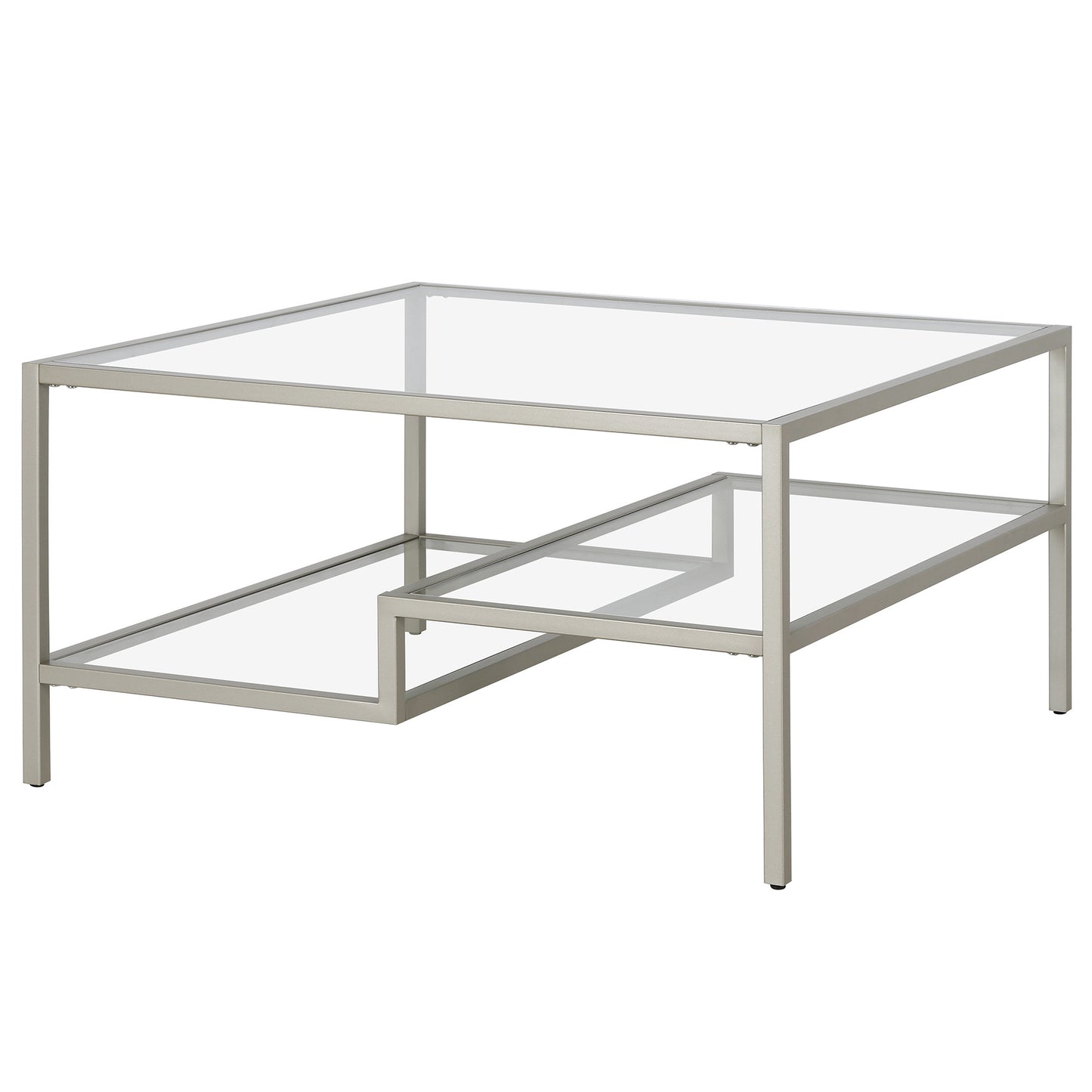 32" Silver Glass And Steel Square Coffee Table With Two Shelves