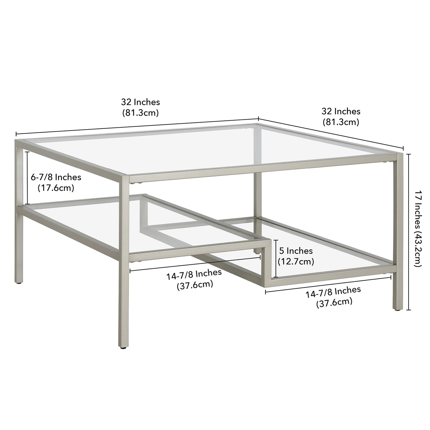 32" Silver Glass And Steel Square Coffee Table With Two Shelves