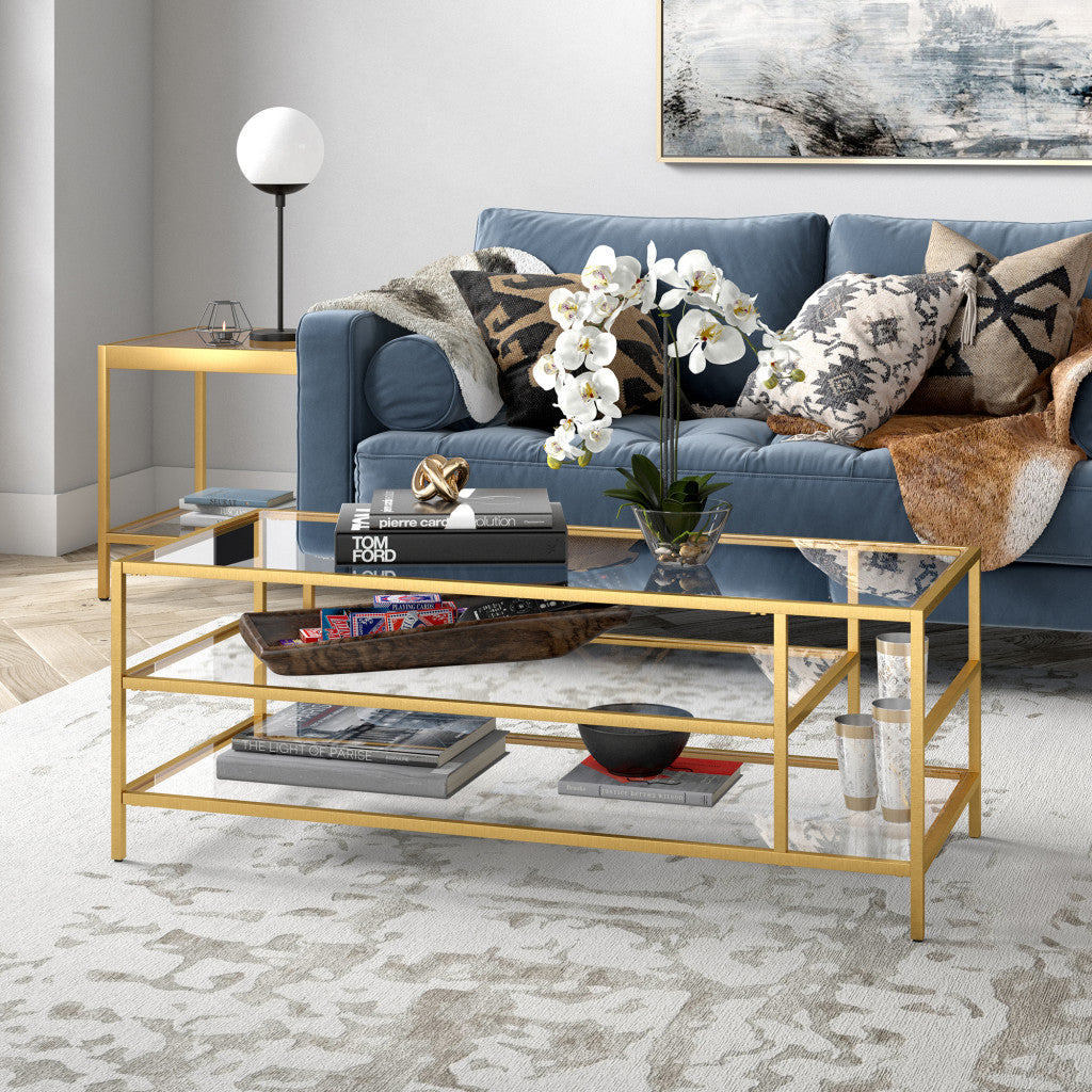 46" Gold Glass And Steel Coffee Table With Two Shelves