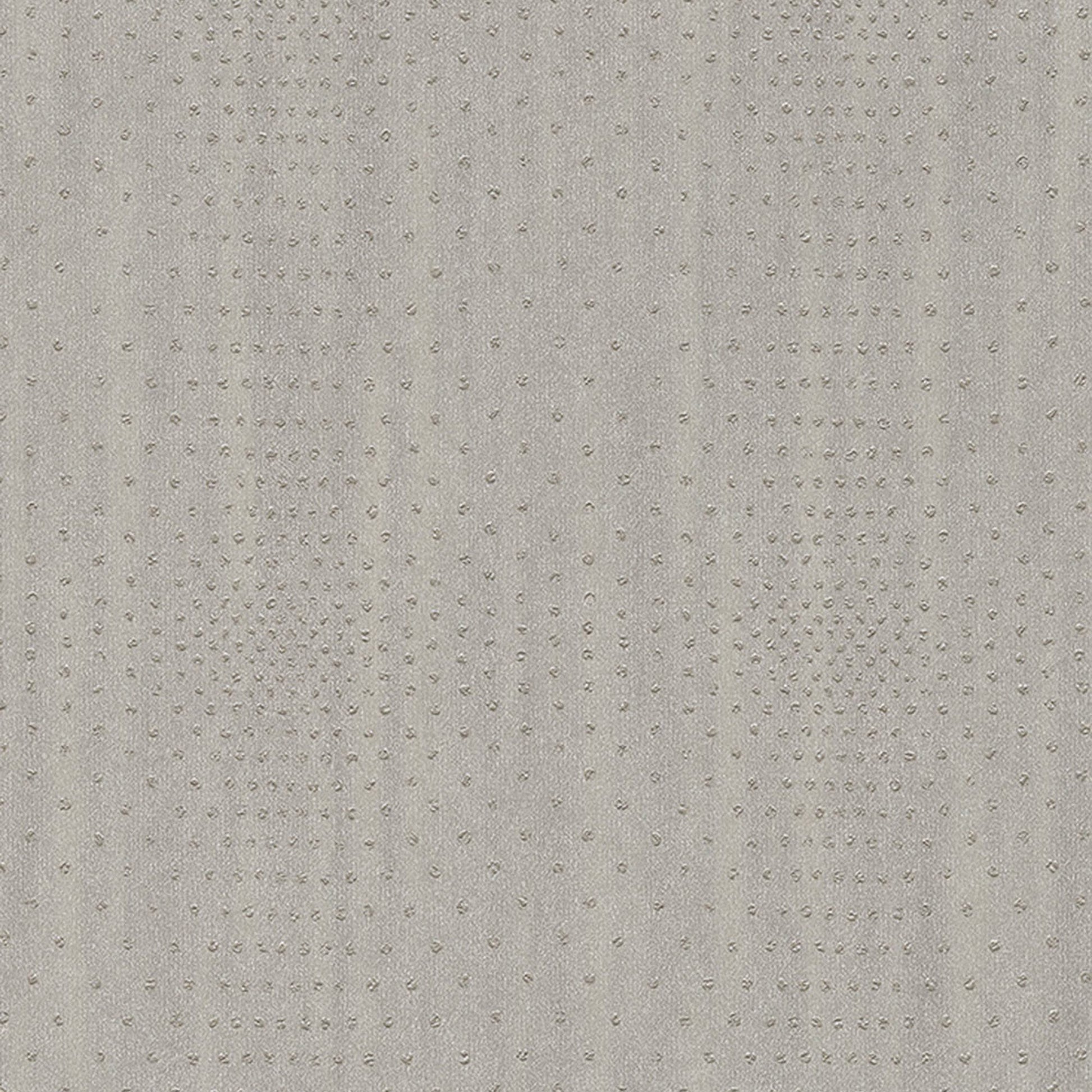 Wallpaper with a subtle textured finish and tiny raised dots in a square pattern; non-woven wallpaper in taupe, grey and silver tones.