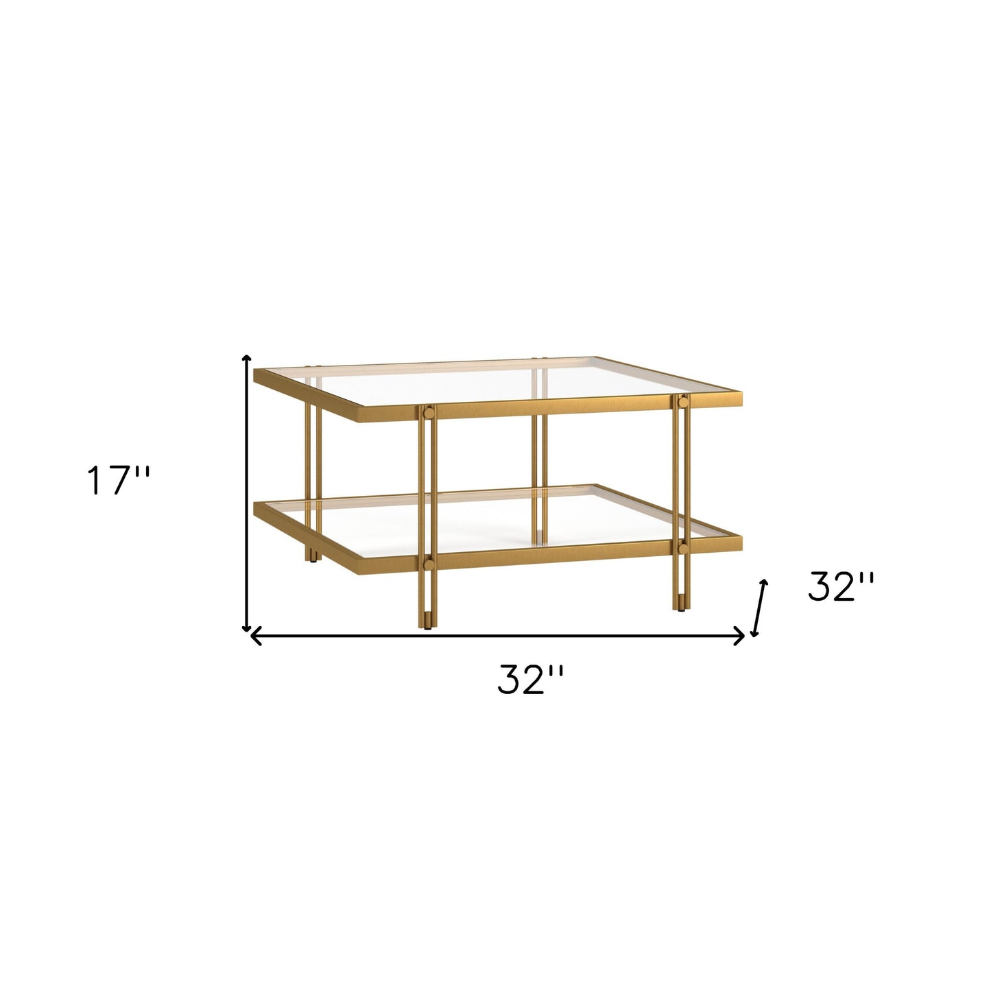 32" Gold Glass And Steel Square Coffee Table With Shelf