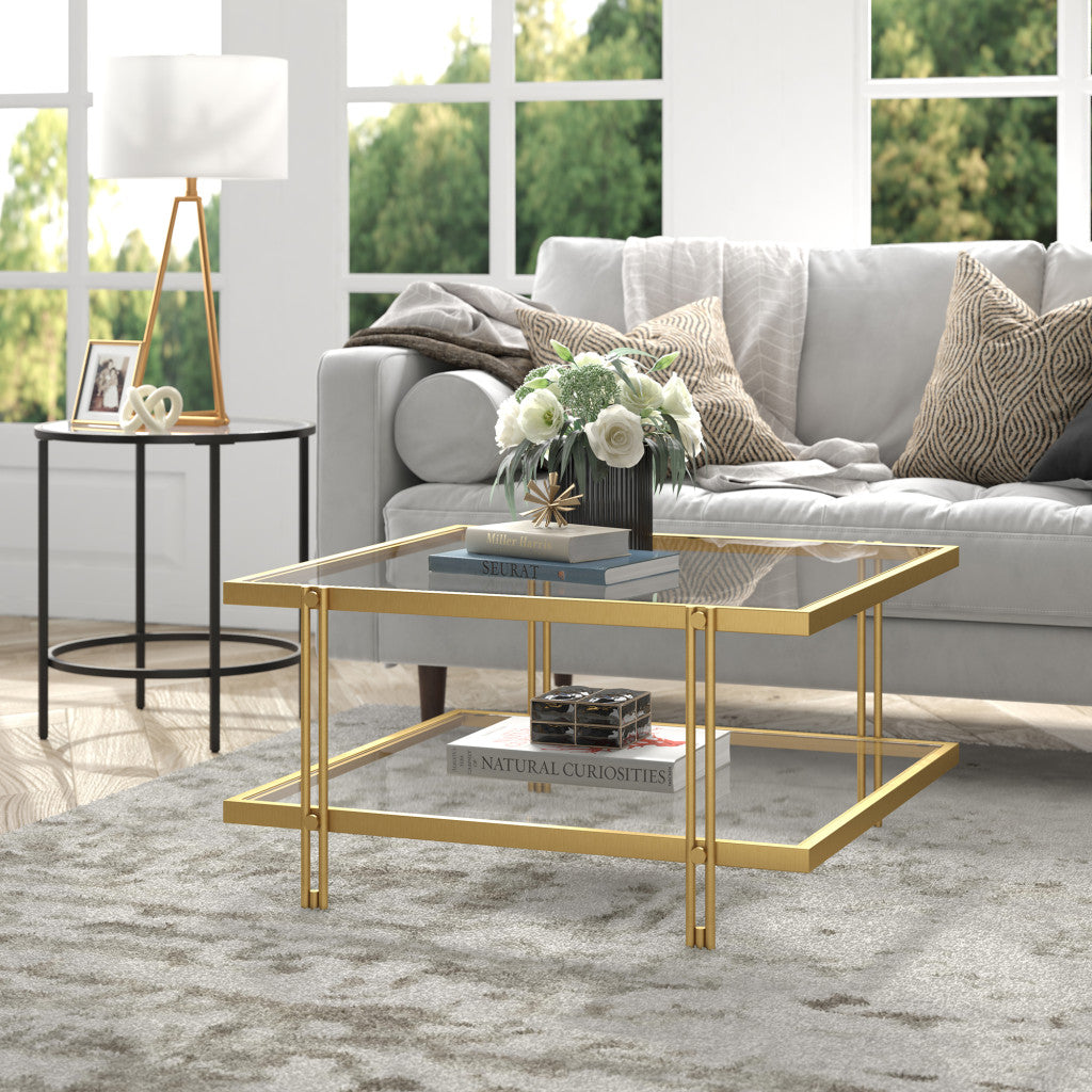 32" Gold Glass And Steel Square Coffee Table With Shelf