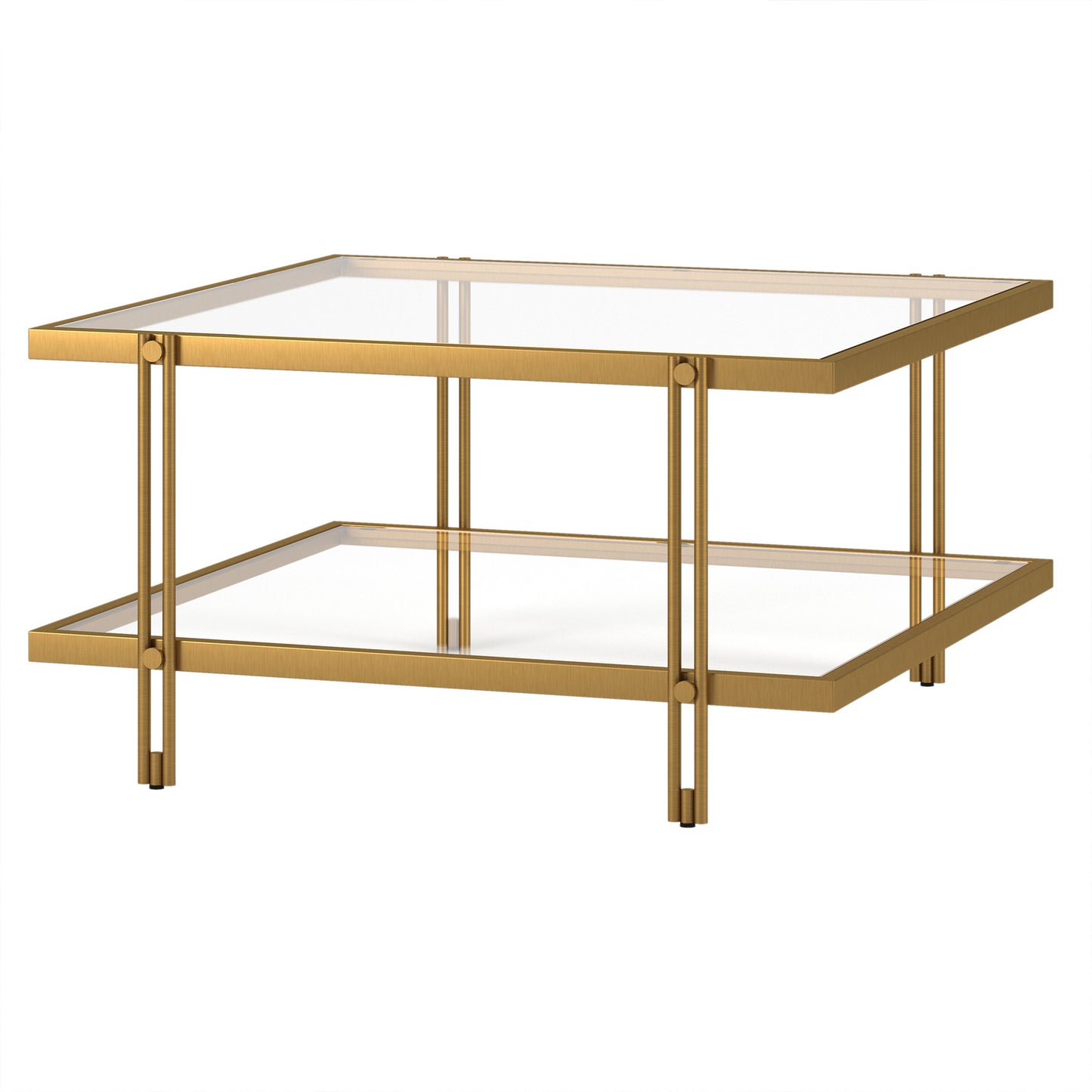 32" Gold Glass And Steel Square Coffee Table With Shelf