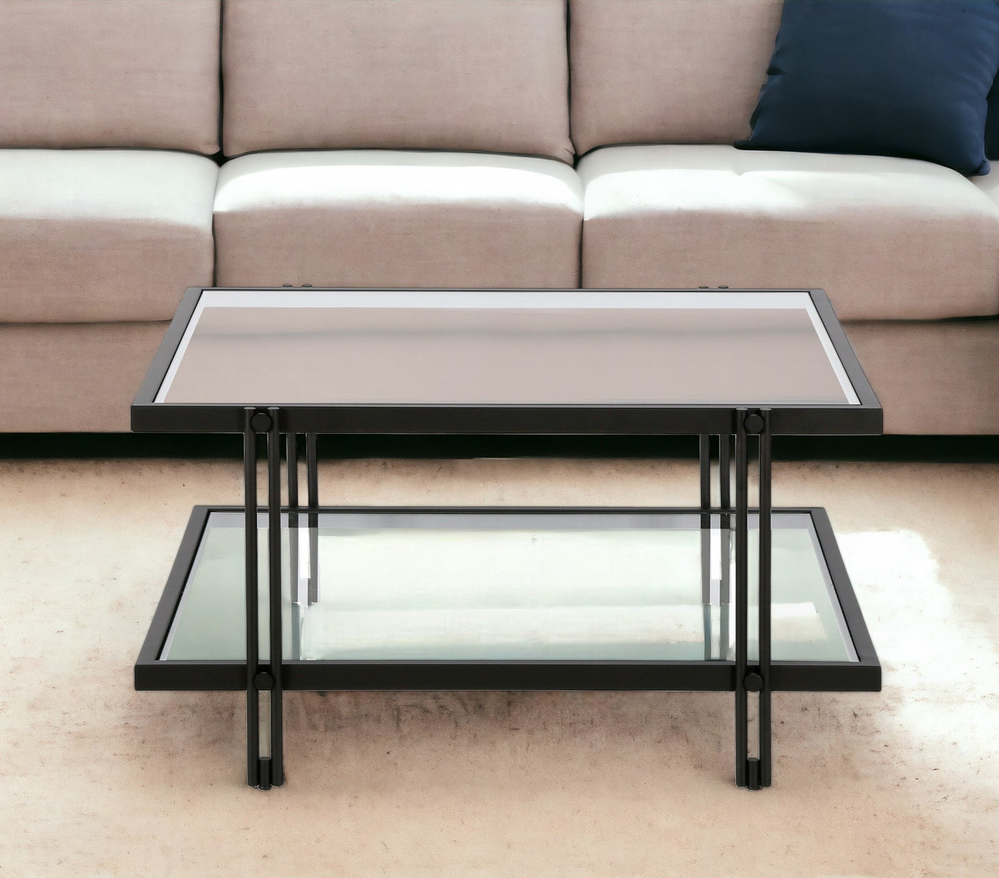 32" Clear And Black Glass And Steel Square Coffee Table With Shelf