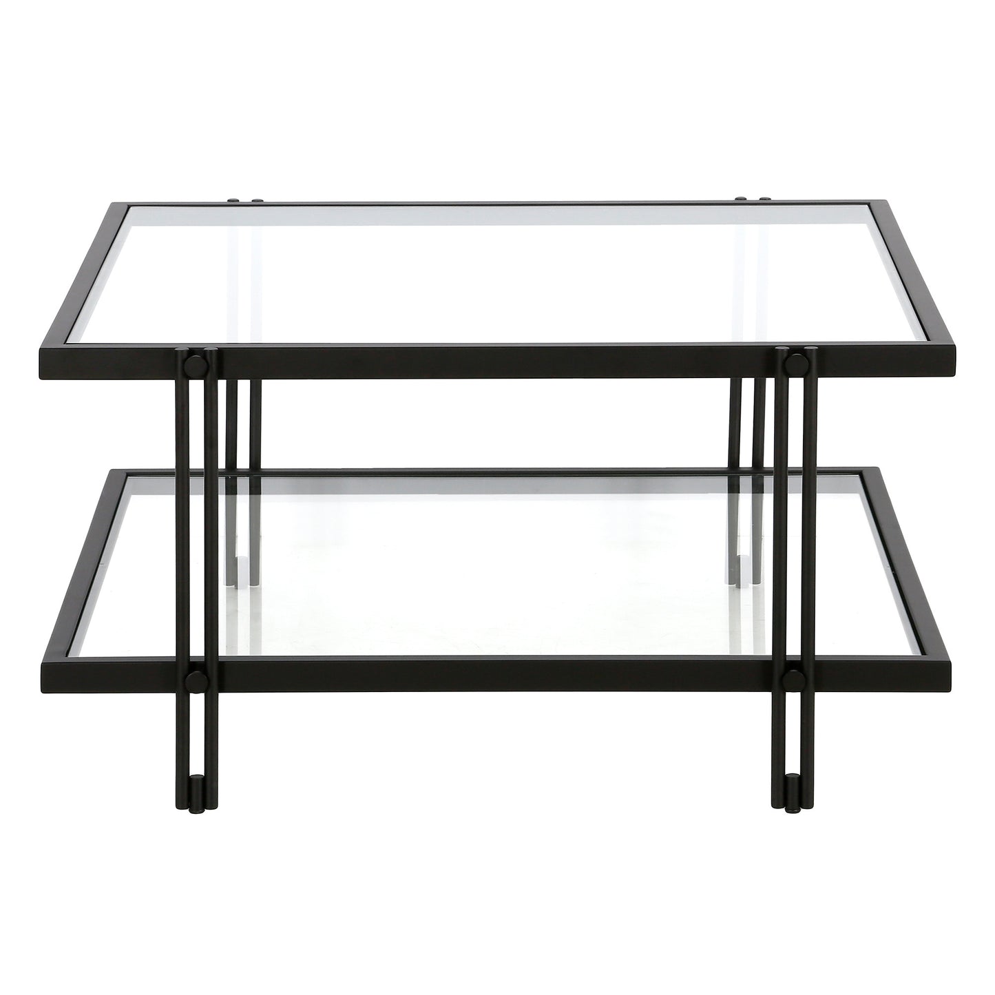 32" Clear And Black Glass And Steel Square Coffee Table With Shelf