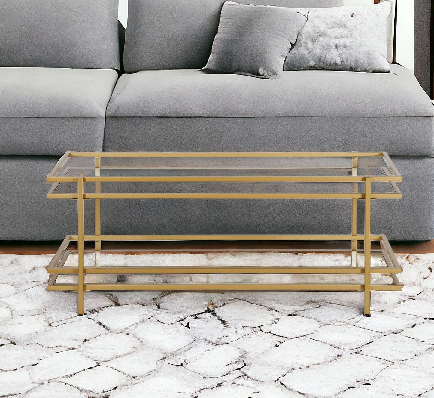 45" Gold Glass And Steel Coffee Table With Shelf