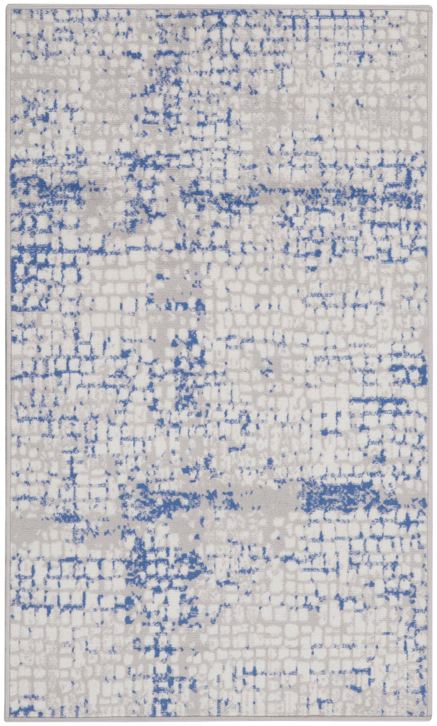 Rectangular modern area rug featuring a cream background with a blue abstract grid pattern.