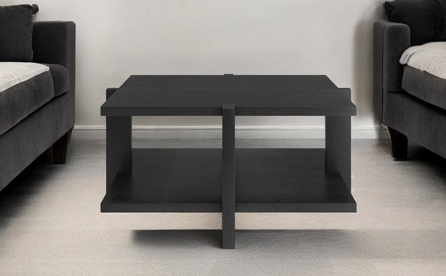 35" Black Square Coffee Table With Shelf