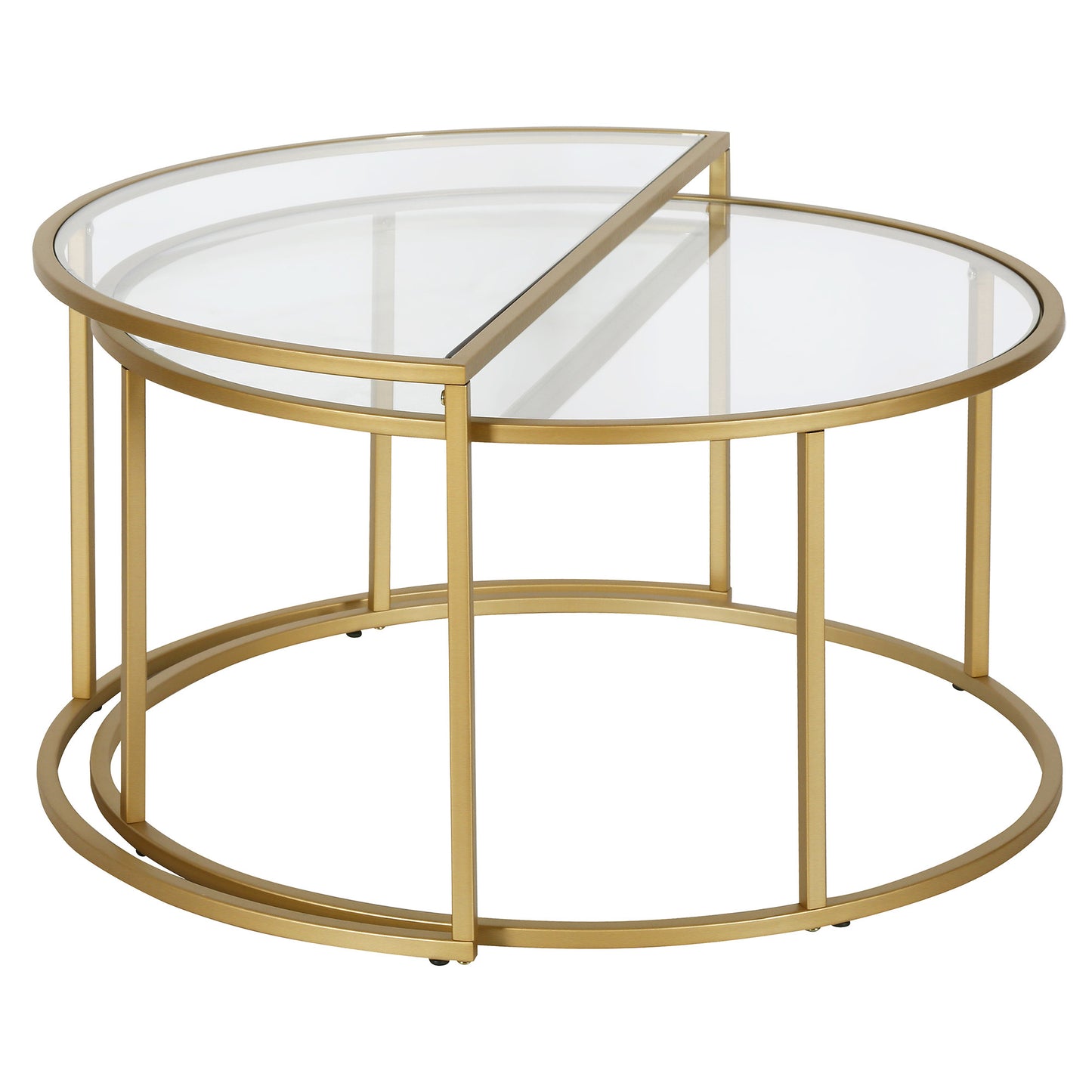 Set of Two 33" Gold Glass And Steel Half Circle Nested Coffee Tables