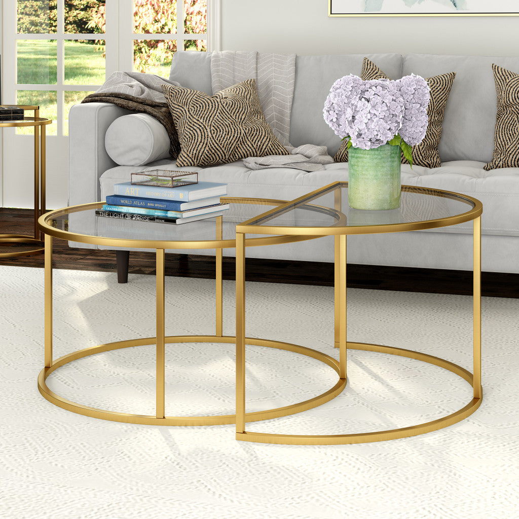 Set of Two 33" Gold Glass And Steel Half Circle Nested Coffee Tables