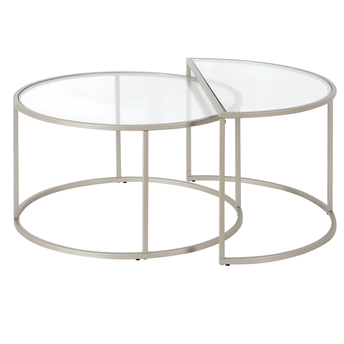 Set of Two 33" Silver Glass And Steel Half Circle Nested Coffee Tables