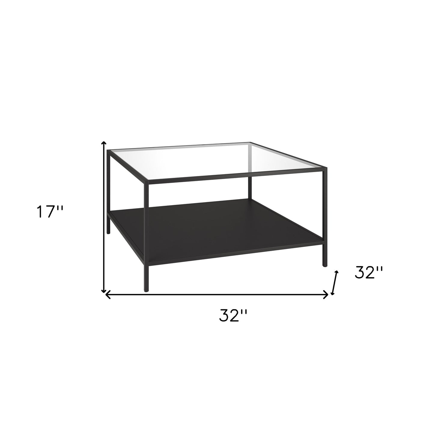 32" Black Glass And Steel Square Coffee Table With Shelf