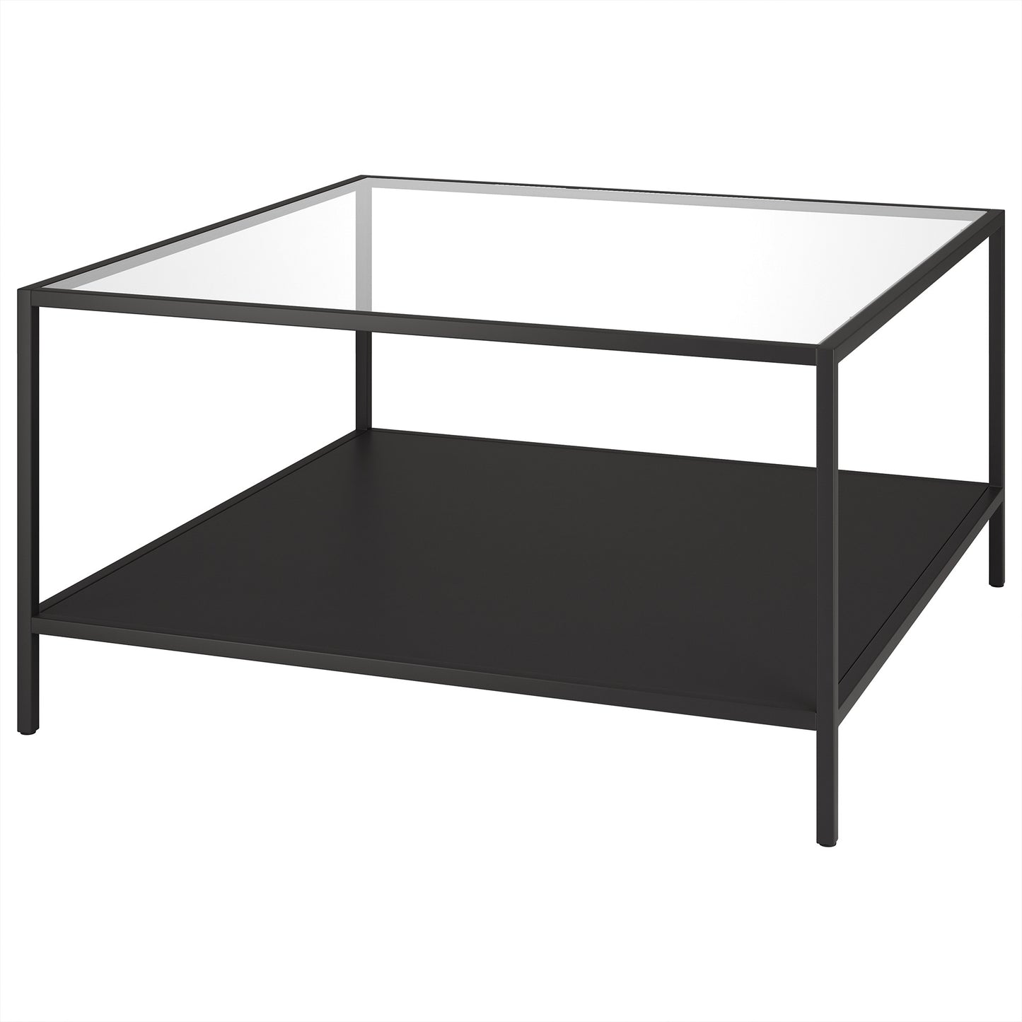 32" Black Glass And Steel Square Coffee Table With Shelf