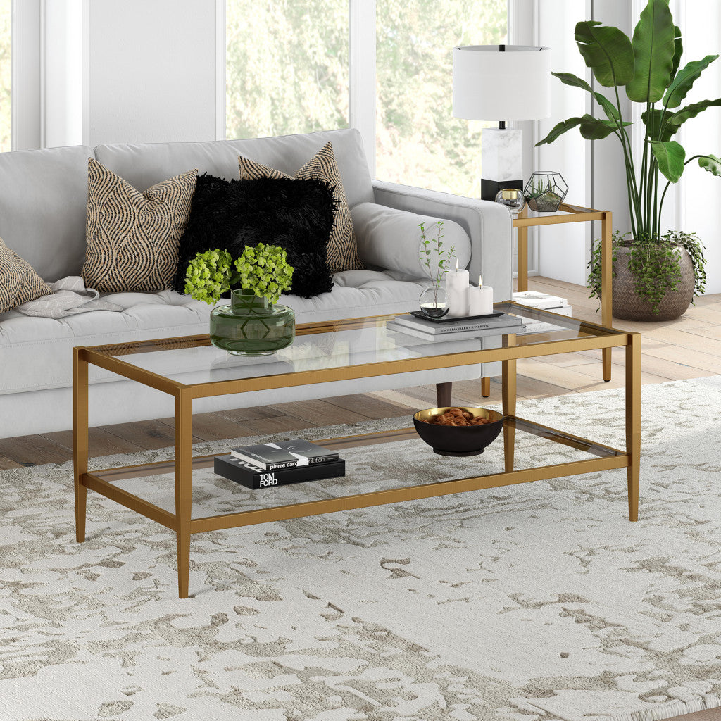 45" Gold Glass And Steel Coffee Table With Shelf