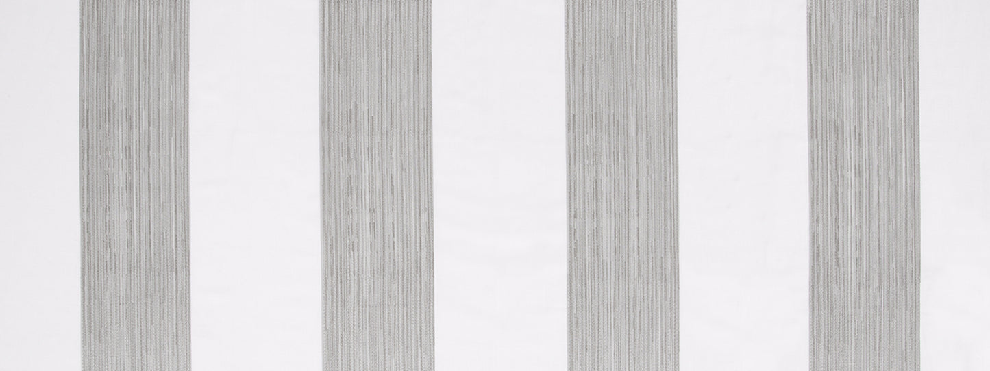 Close-up of vertical light gray striped fabric with subtle texture; minimalist pattern for curtains or upholstery.