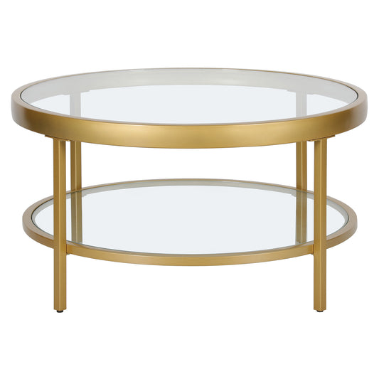 32" Gold Glass And Steel Round Coffee Table With Shelf