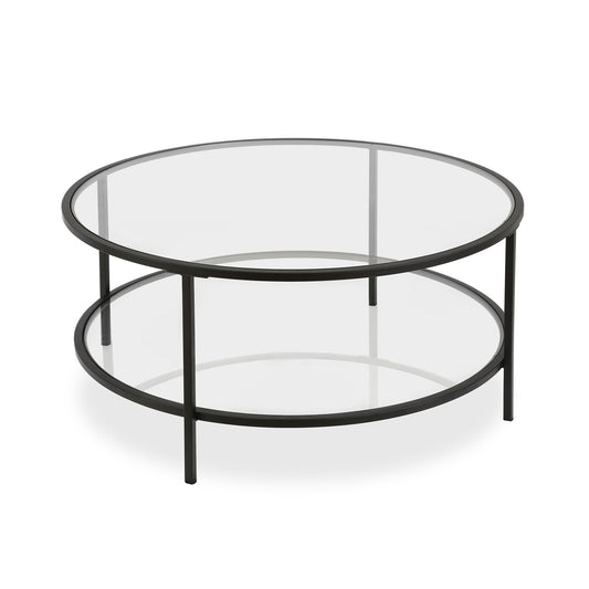 36" Black Glass And Steel Round Coffee Table With Shelf