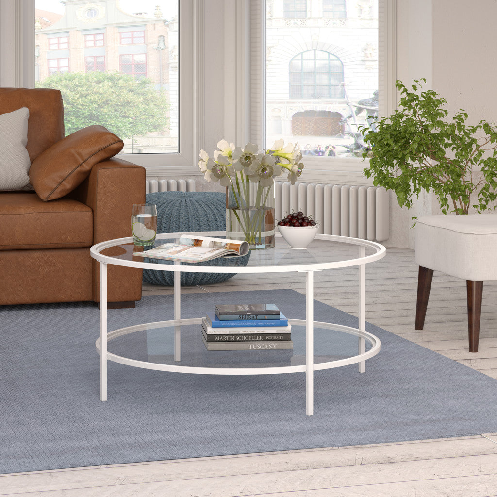 36" White Glass And Steel Round Coffee Table With Shelf