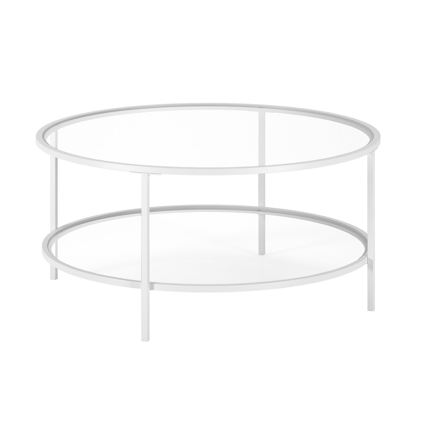 36" White Glass And Steel Round Coffee Table With Shelf