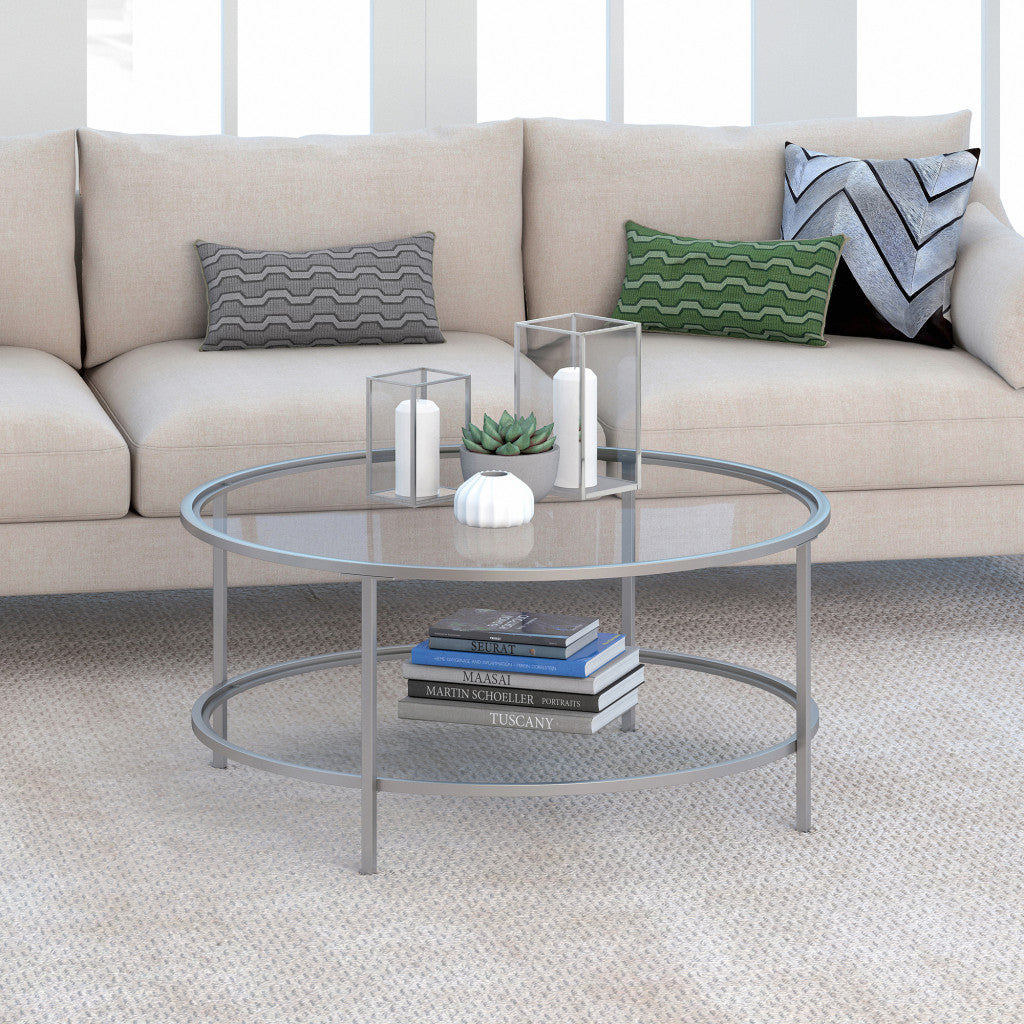 36" Silver Glass And Steel Round Coffee Table With Shelf