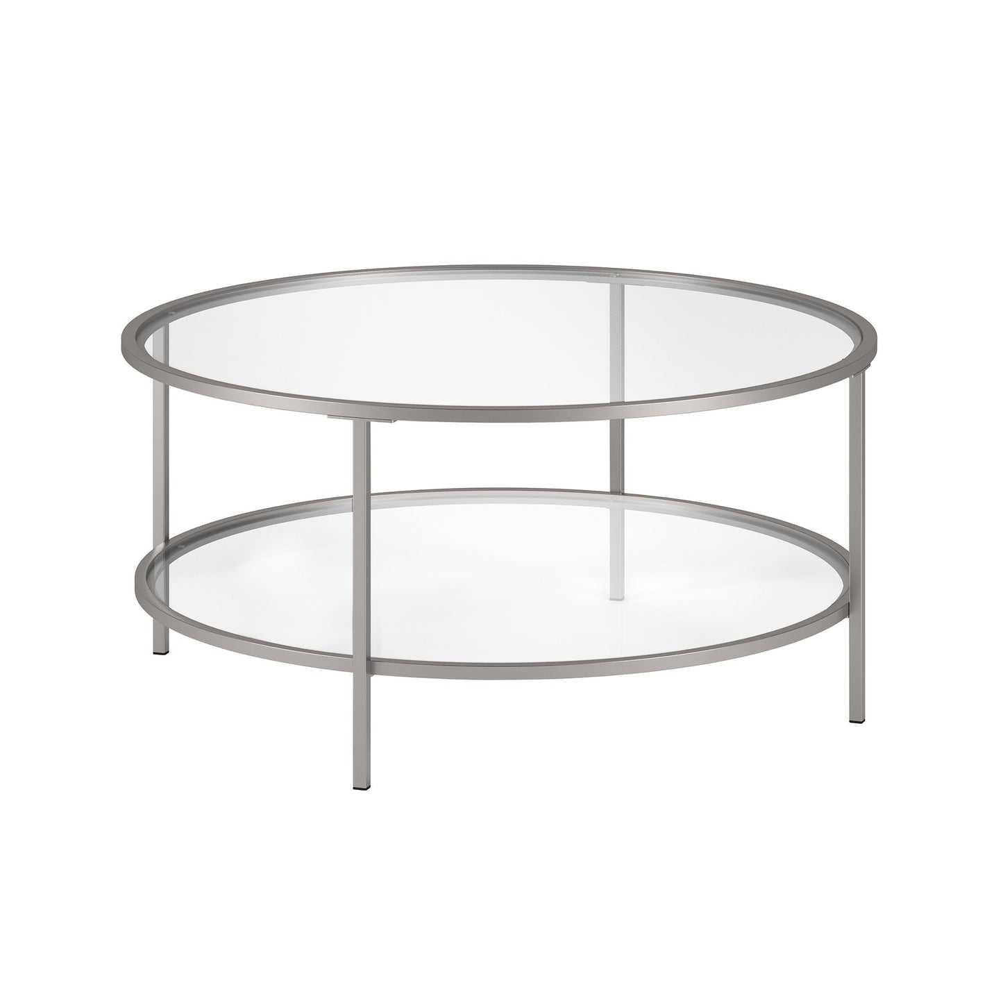 36" Silver Glass And Steel Round Coffee Table With Shelf