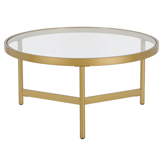 32" Gold Glass And Steel Round Coffee Table