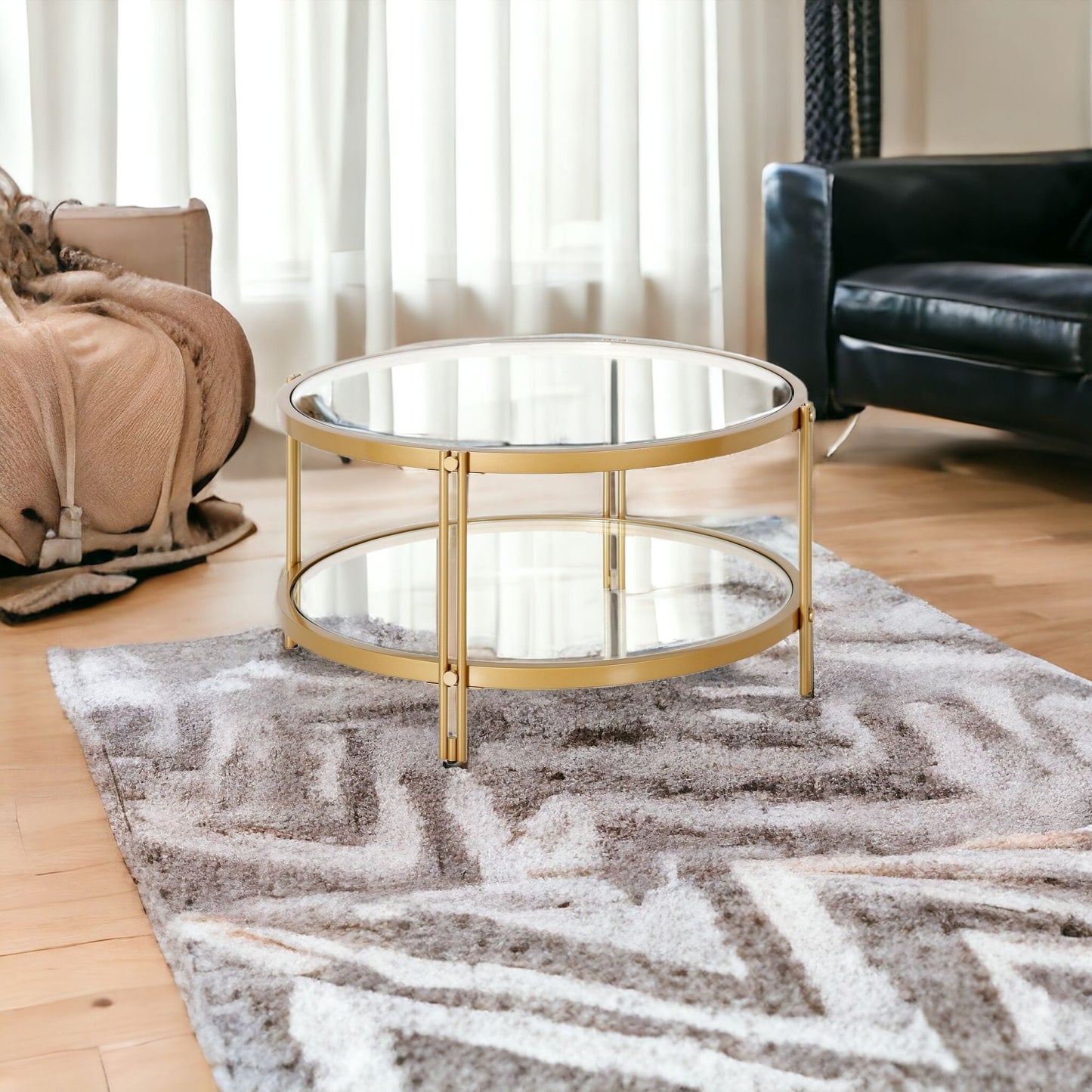 32" Gold Glass And Steel Round Coffee Table With Shelf