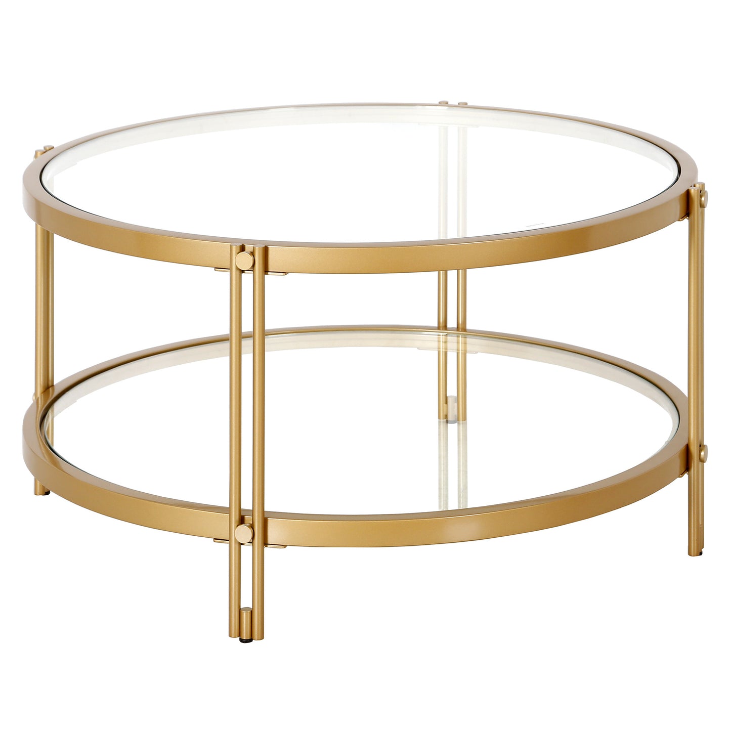 32" Gold Glass And Steel Round Coffee Table With Shelf