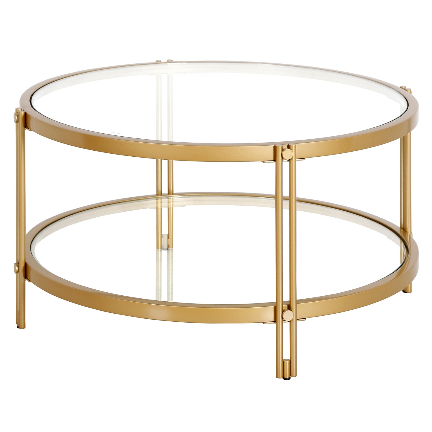 32" Gold Glass And Steel Round Coffee Table With Shelf