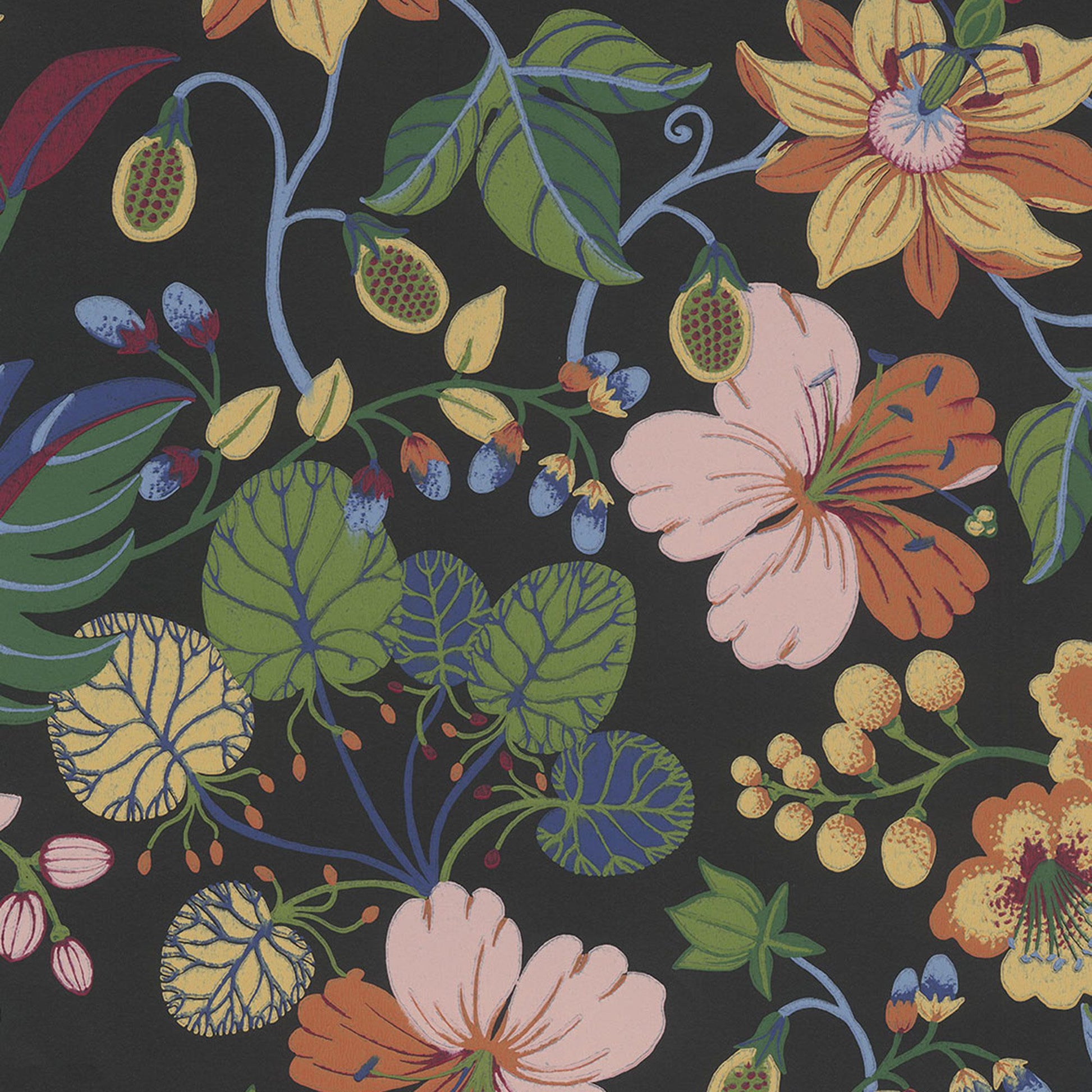 Black non-woven floral wallpaper with hibiscus, roundleaf vines, blue stems, green leaves, orange-yellow blossoms and berry clusters.