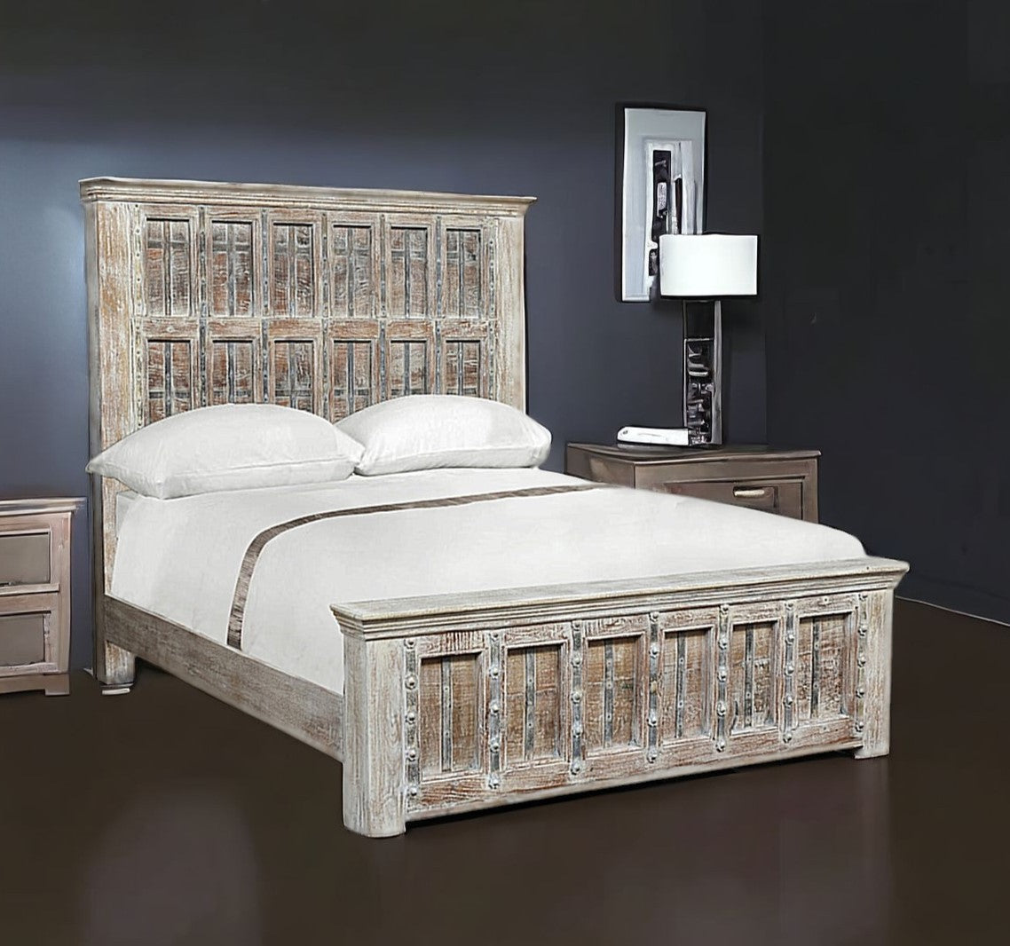 Solid Wood Panel and Metal Queen Gray Bed