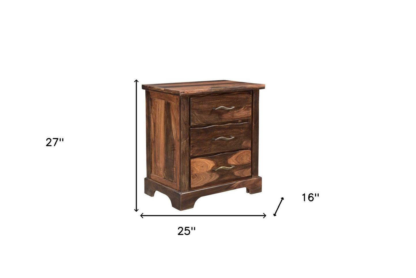 27" Dark Brown Three Drawer Solid Wood Nightstand