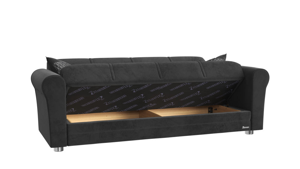 89" Black Microfiber Sleeper Sleeper Sofa And Toss Pillows With Silver Legs