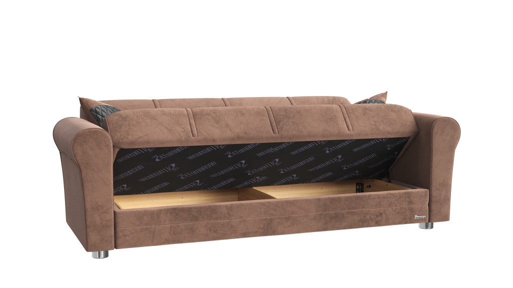 89" Brown Microfiber Sleeper Sleeper Sofa And Toss Pillows With Silver Legs