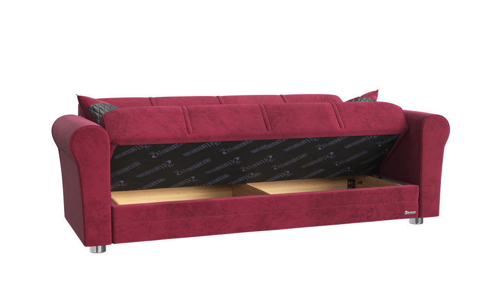 89" Red Microfiber Sleeper Sleeper Sofa And Toss Pillows With Silver Legs