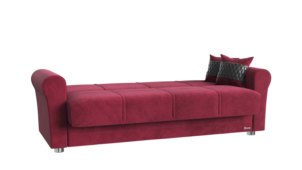 89" Red Microfiber Sleeper Sleeper Sofa And Toss Pillows With Silver Legs