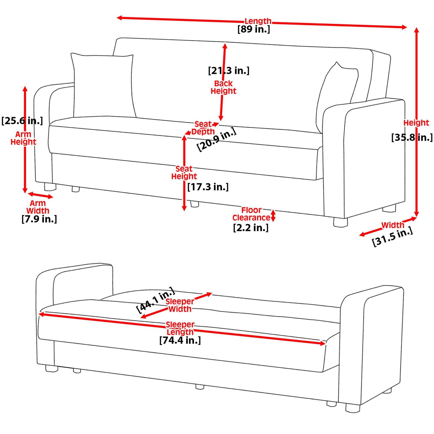 89" Red Microfiber Sleeper Sleeper Sofa And Toss Pillows With Silver Legs