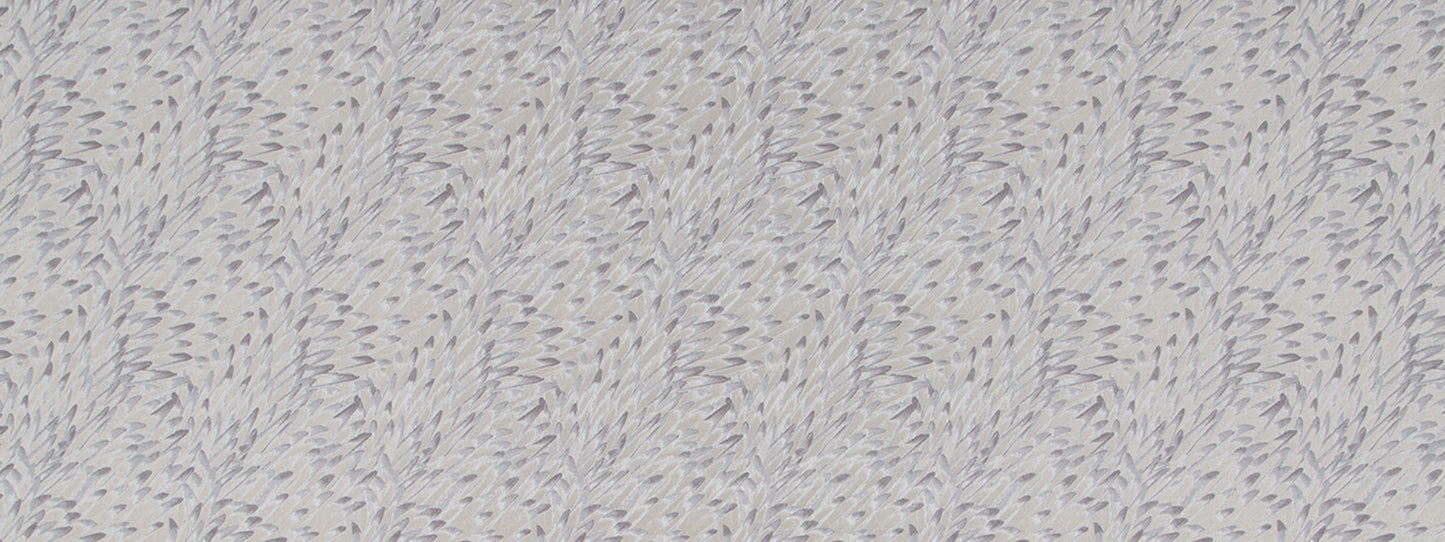 Pewter-colored textured upholstery fabric with a subtle feather motif; suitable for upholstery and curtains.