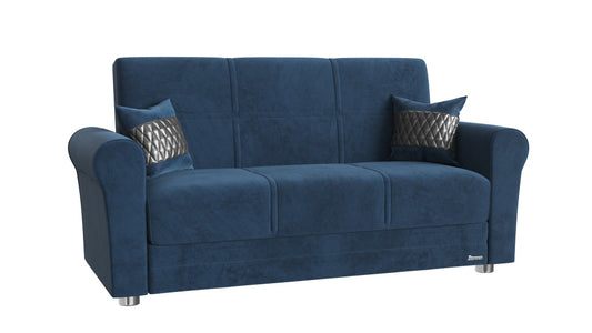 63" Blue Silver Microfiber Futon Convertible Sleeper Love Seat With Storage And Toss Pillows