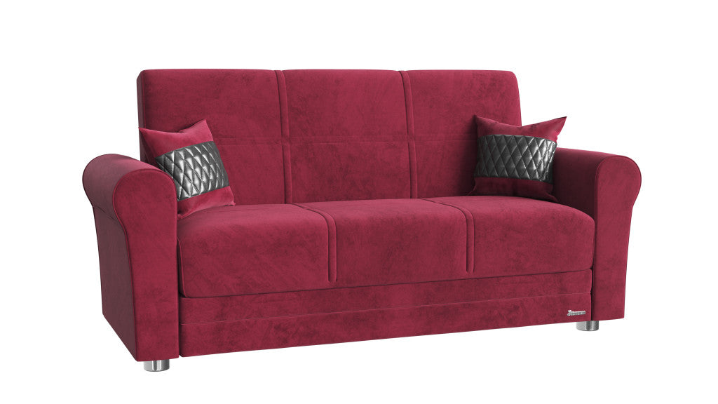 63" Burgundy Silver Microfiber Futon Convertible Sleeper Love Seat With Storage And Toss Pillows