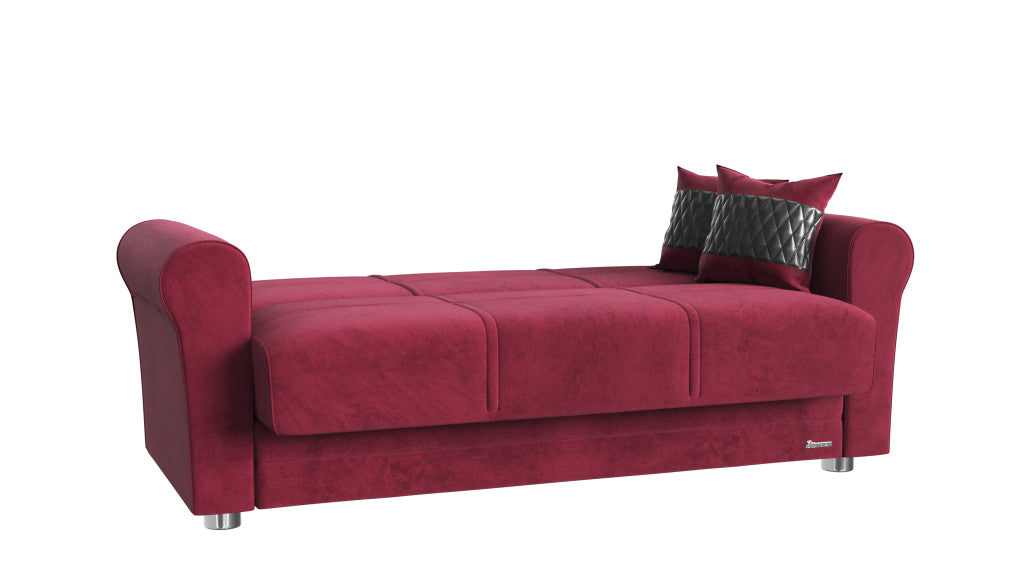 63" Burgundy Silver Microfiber Futon Convertible Sleeper Love Seat With Storage And Toss Pillows